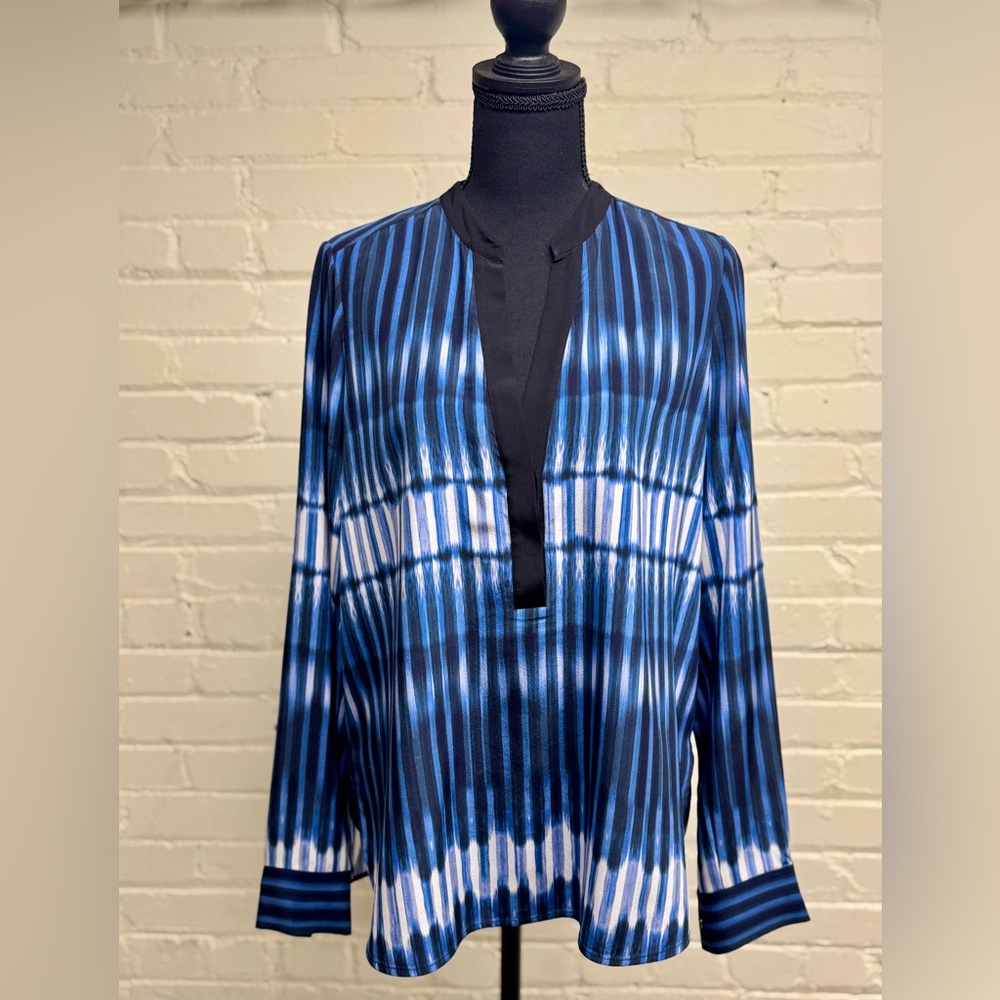 VINCE, Royal Blue, White, and Black Striped Silk Tunic Top, Size 8
